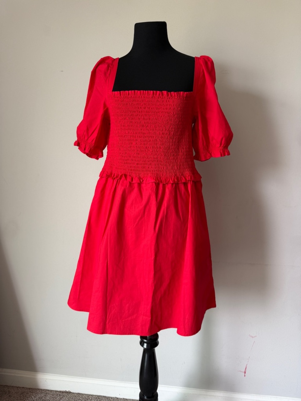French Connection Bold Red Smocked Square-Neck Puff-Sleeve baby doll Mini Dress
